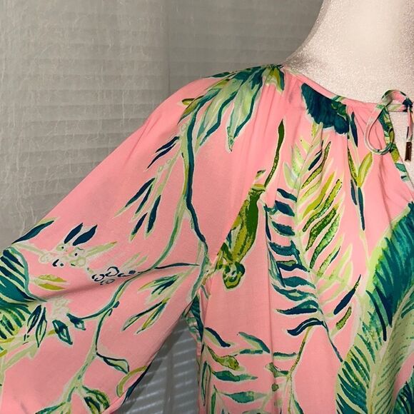 Lilly Pulitzer L Willa Pink Green Tropical Long Flounce Sleeve Front Tie Top - Picture 6 of 12